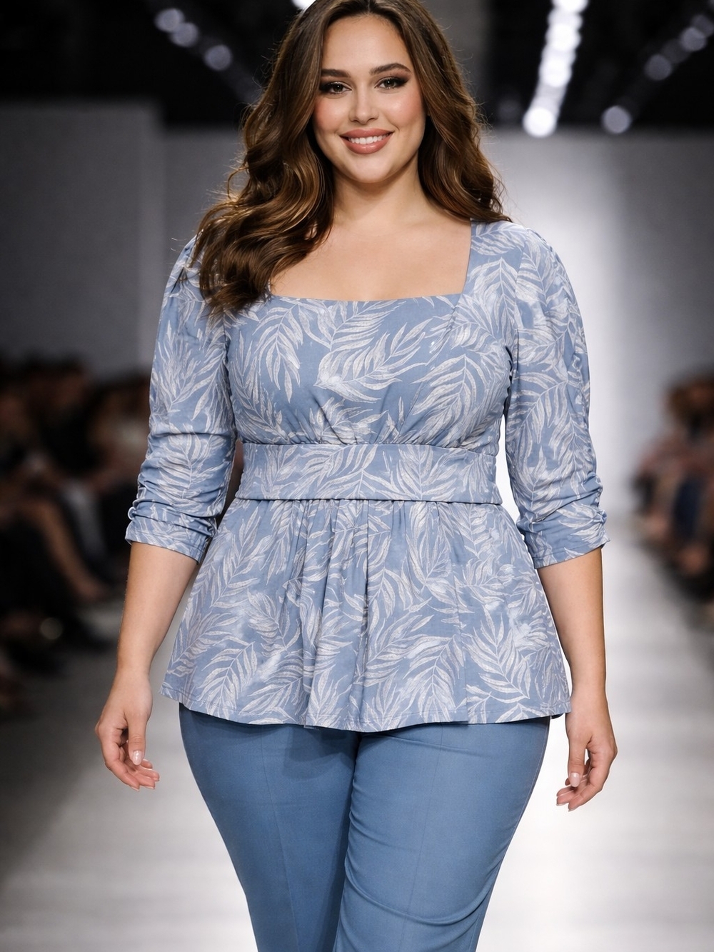 Kiyonna Powder Blue Leaf-Print Peplum Square-Neck Top